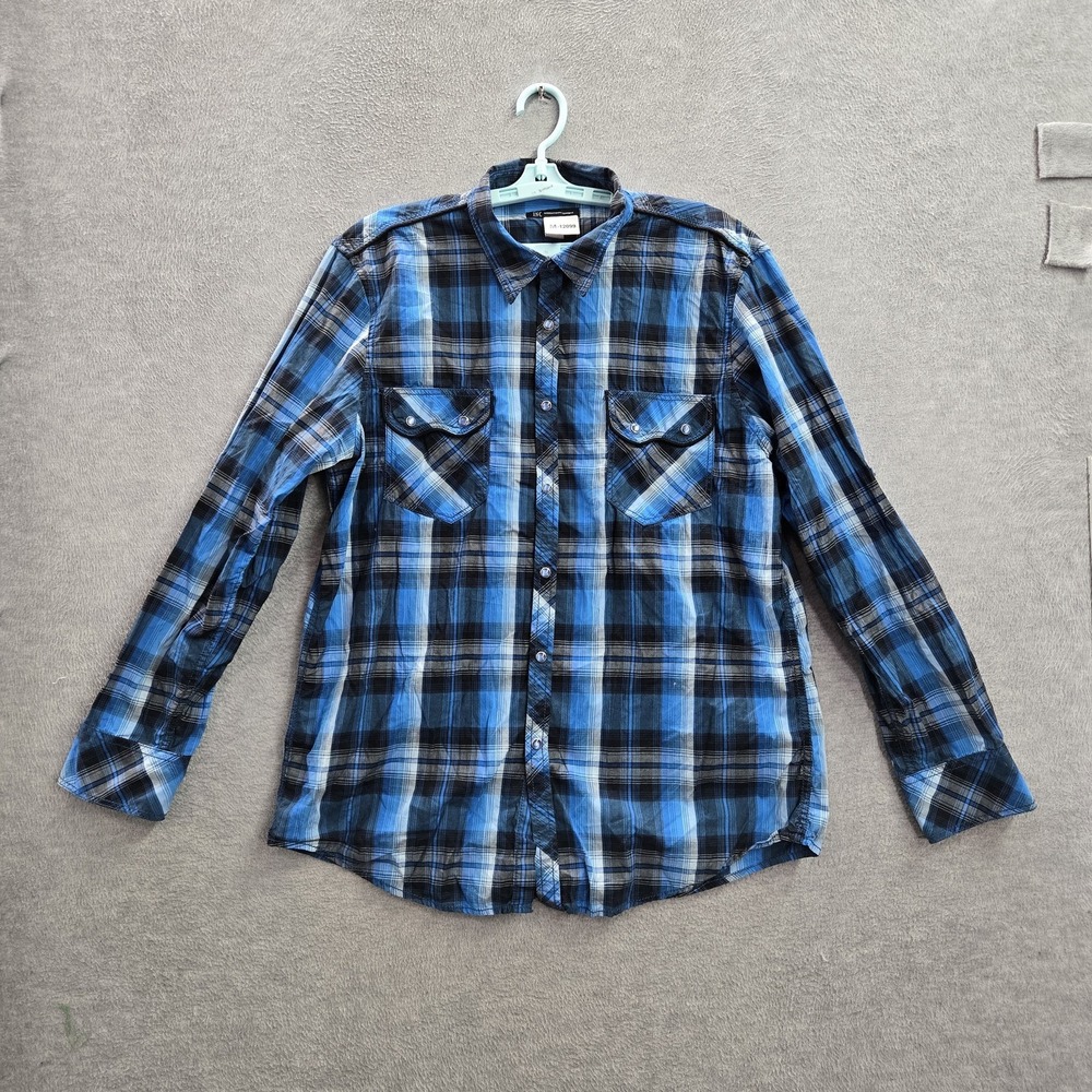 INC International Concepts Men Button Up Shirt XL Blue Plaid Western